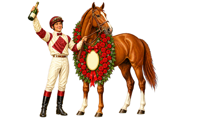 Winning jockey standing beside a decorated racehorse